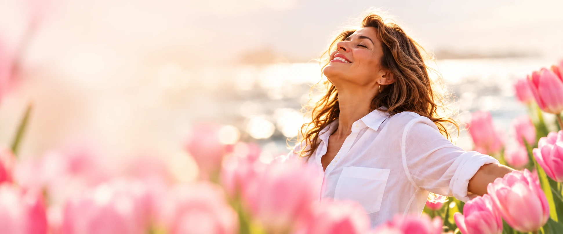 Una mujer disfruta del sol entre tulipanes rosas